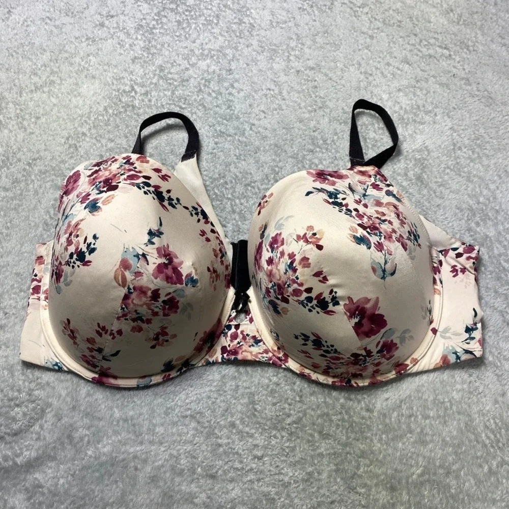 Torrid Womens 42DDD T-Shirt Bra 360 Smoothing Floral Cream Purple Underwire
